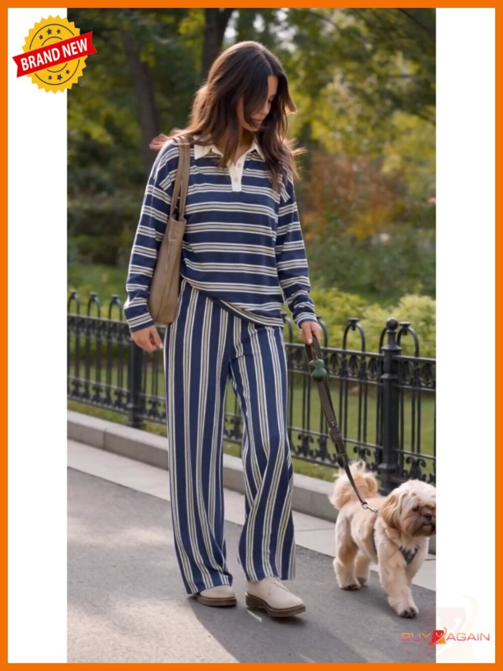Women's 2-Piece Lounge Set Striped Long Sleeve Polo Wide Leg Pants - Picture 5 of 5
